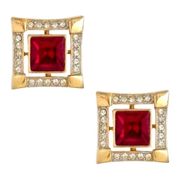 VINTAGE • Piscitelli Red Clip On Crystal Rhinestone Earrings - Picture 1 of 3